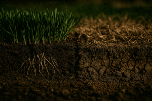 side-by-side view of healthy necrotic turf